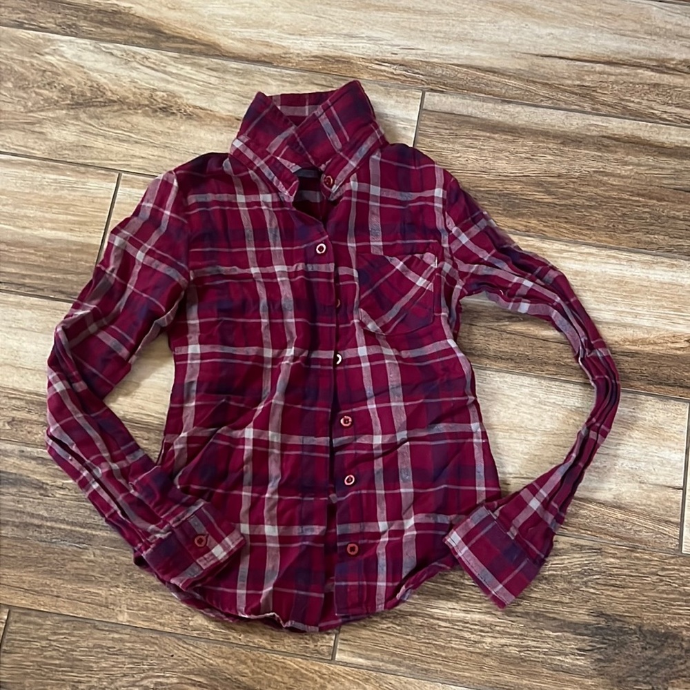 Full tilt girls burgundy plaid button up shirt